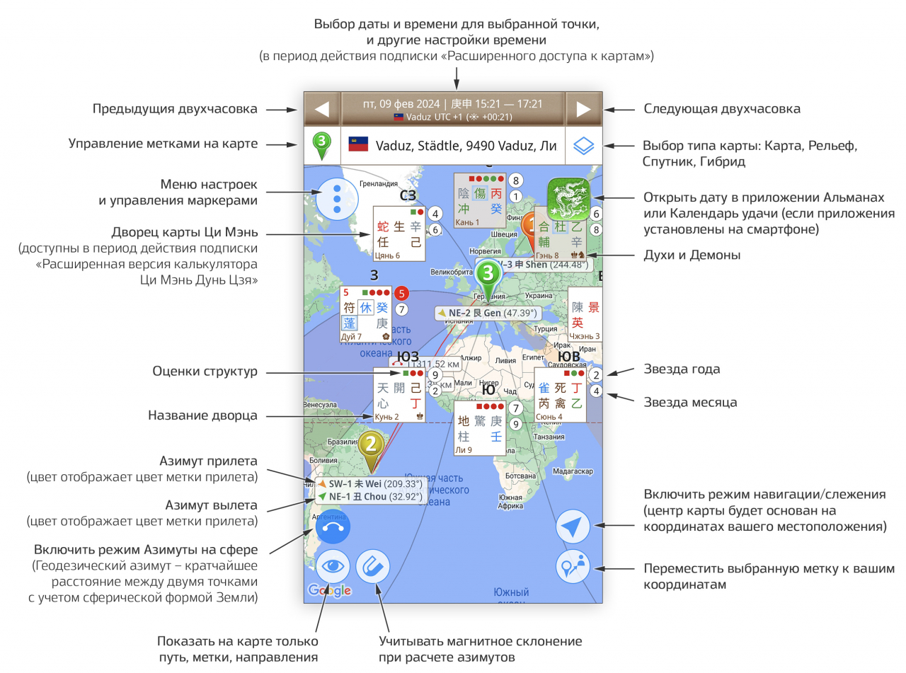 Описание всех возможностей рабочего экрана Навигатор удачных поездок с вклюенной картой Ци Мэнь Дунь Цзя и летящими звездами